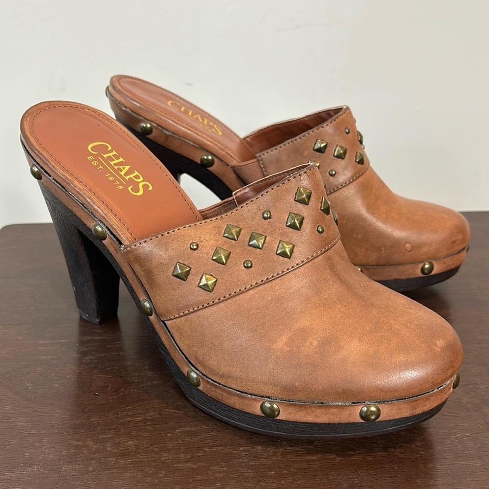 Chaps leather studded slide slip on mules